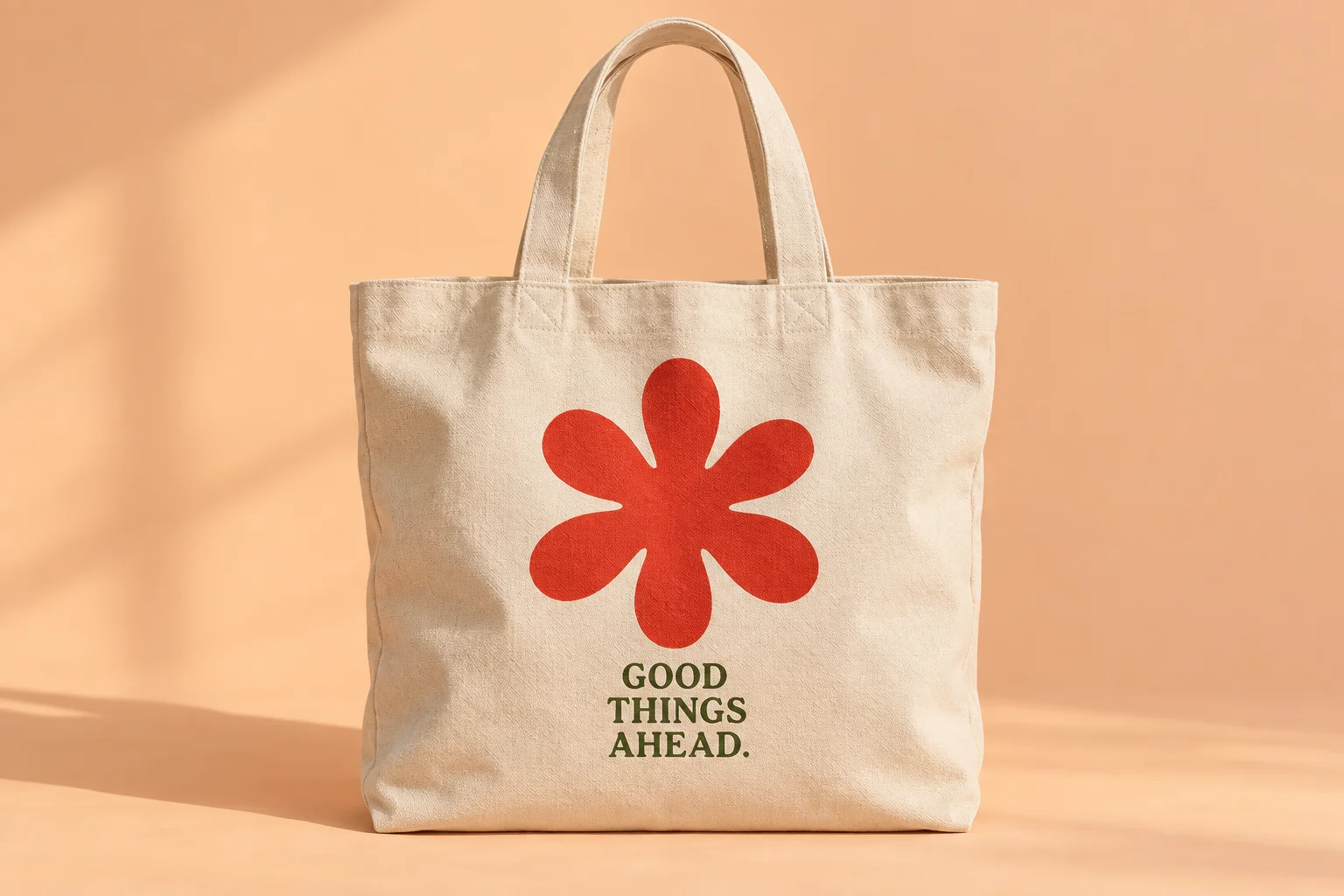 The same tote transformed with a red flower and printed lettering